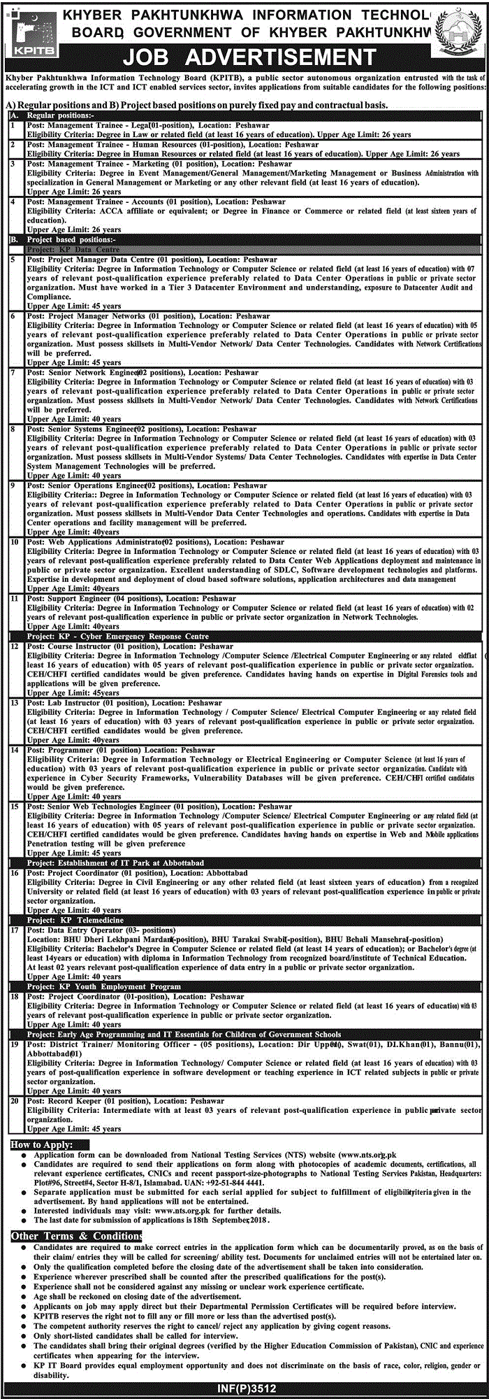 Khyber Pakhtunkhwa Information Technology Board NTS Jobs 2018 Application Form