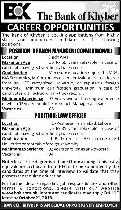 BOK Bank Of Khyber Jobs 2018 Online Apply For Branch Managers & Law Officers