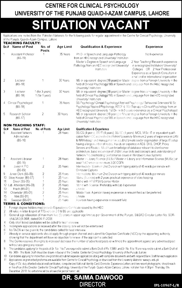 Punjab University Lahore December Jobs 2018 Apply online
