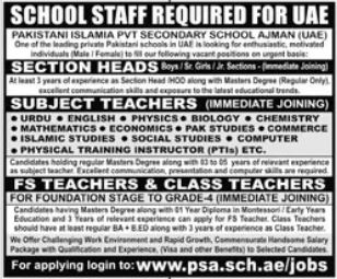 Teacher Jobs 2024 at PSA Pakistani Ajman School in UAE